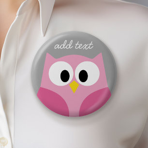 Cute Cartoon Owl - Pink and Gray Custom Name 6 Cm Round Badge