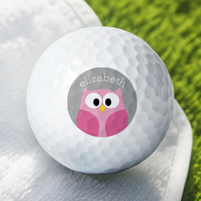 Cute Cartoon Owl - Pink and Gray Custom Name Golf Balls (Add Your Name to this Personalized Golf Ball)