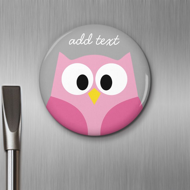 Cute Cartoon Owl - Pink and Gray Custom Name Magnet (Personalized Fridge Magnet - Add Custom Text)