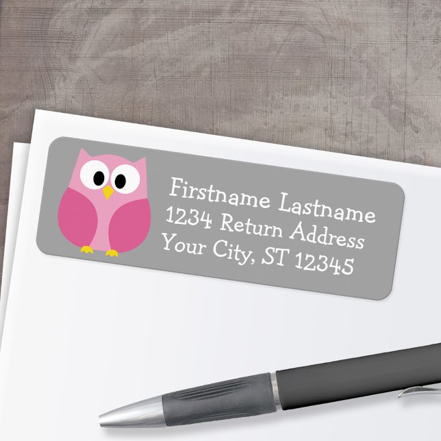 Cute Cartoon Owl - Pink and Grey Custom Name (Custom Return Address Labels - Low Minimum)