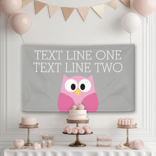 Cute Cartoon Owl - Pink and Grey Custom Name Banner