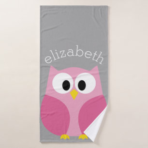 Cute Cartoon Owl - Pink and Grey Custom Name Bath Towel