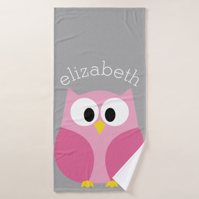 Cute Cartoon Owl - Pink and Grey Custom Name Bath Towel (Bath Towel)
