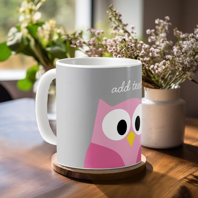 Cute Cartoon Owl - Pink and Grey Custom Name Coffee Mug (Custom mug)