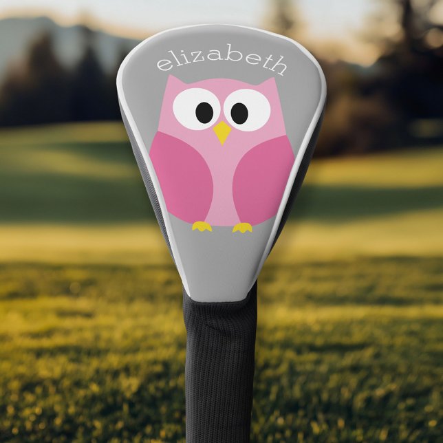 Cute Cartoon Owl - Pink and Grey Custom Name Golf Head Cover (Personalized Golf Head Cover)