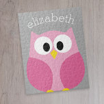Cute Cartoon Owl - Pink and Grey Custom Name Jigsaw Puzzle<br><div class="desc">A modern and simple owl with trendy colours. You can add a name,  monogram or other custom text. If you need to move the art around,  click on the customise button to make changes.</div>
