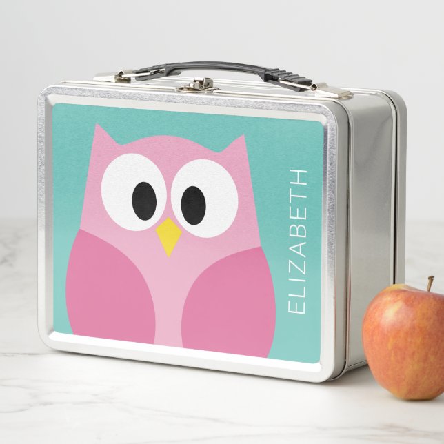 Cute Cartoon Owl - Pink and Grey Custom Name Metal Lunch Box (In Situ)
