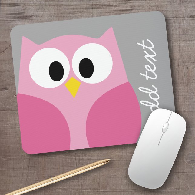 Cute Cartoon Owl - Pink and Grey Custom Name Mouse Mat (Personalized mousepad - add your custom text)