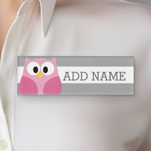 Cute Cartoon Owl - Pink and Grey Custom Name Name Tag