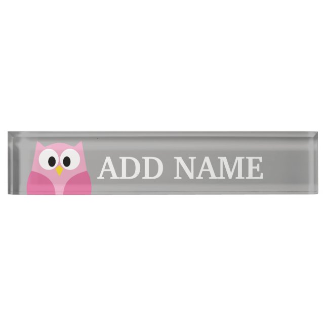 Cute Cartoon Owl - Pink and Grey Custom Name Nameplate (Front)