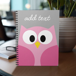 Cute Cartoon Owl - Pink and Grey Custom Name Notebook