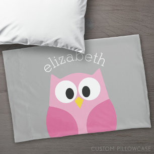 Cute Cartoon Owl - Pink and Grey Custom Name Pillowcase