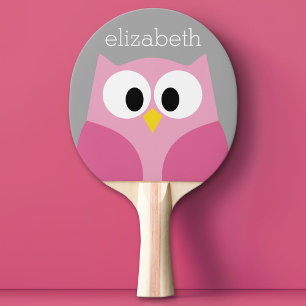 Cute Cartoon Owl - Pink and Grey Custom Name Ping Pong Paddle