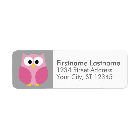 Cute Cartoon Owl - Pink and Grey Custom Name Return Address Label