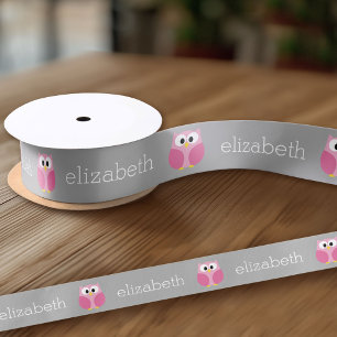Cute Cartoon Owl - Pink and Grey Custom Name Satin Ribbon
