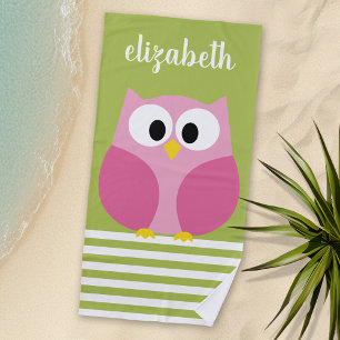 Cute Cartoon Owl - Pink and Lime Green Beach Towel