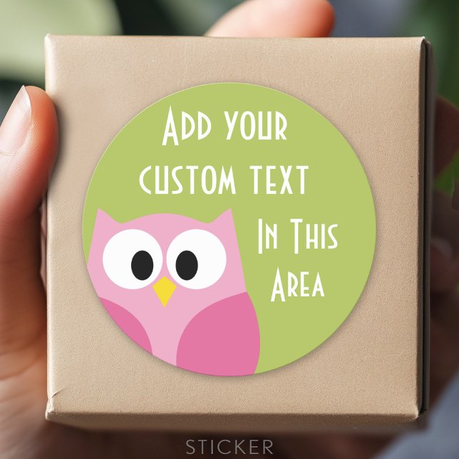 Cute Cartoon Owl - Pink and Lime Green Classic Round Sticker (Custom Sticker for Party Favors and Envelopes)
