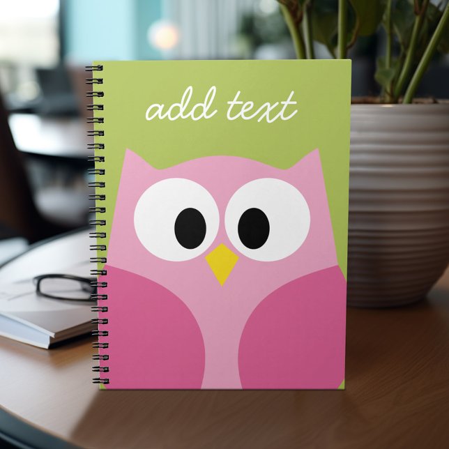 Cute Cartoon Owl - Pink and Lime Green Notebook (Personalized notebook - add name and custom text)