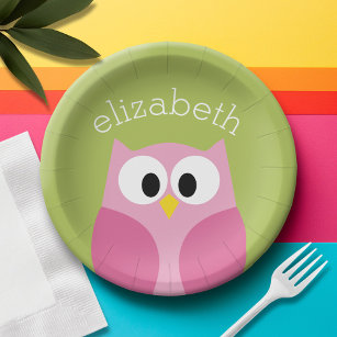 Cute Cartoon Owl - Pink and Lime Green Paper Plate