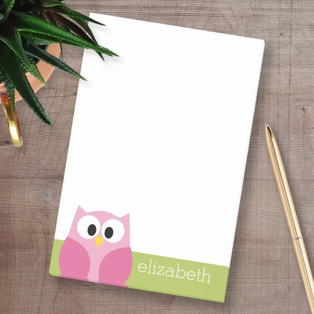 Cute Cartoon Owl - Pink and Lime Green Post-it Notes (Custom Post-it Note Pads - Add your name and other text)