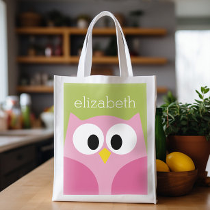 Cute Cartoon Owl - Pink and Lime Green Reusable Grocery Bag