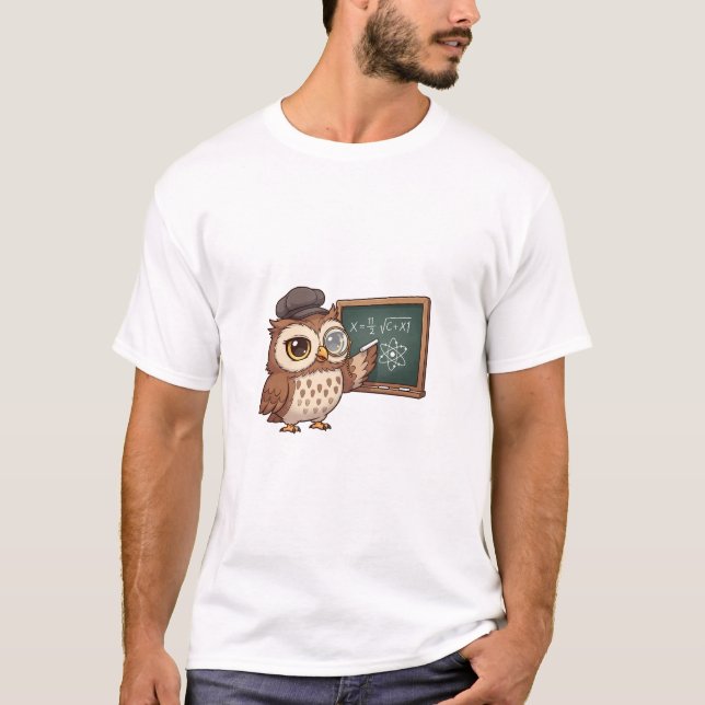 Cute Cartoon Owl Professor Wearing Monocle T-Shirt (Front)