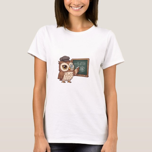 Cute Cartoon Owl Professor Wearing Monocle T-Shirt (Front)