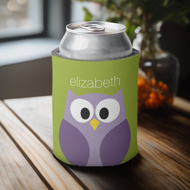 Cute Cartoon Owl Purple and Pistachio Custom Name Can Cooler (Personalized can cooler with a place to add a name or other custom text)