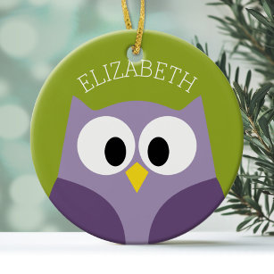 Cute Cartoon Owl Purple and Pistachio Custom Name Ceramic Tree Decoration