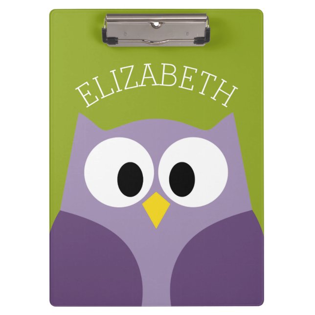 Cute Cartoon Owl Purple and Pistachio Custom Name Clipboard (Front)