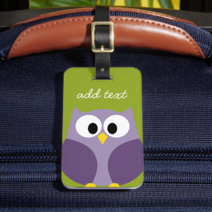 Cute Cartoon Owl Purple and Pistachio Custom Name Luggage Tag