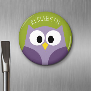 Cute Cartoon Owl Purple and Pistachio Custom Name Magnet