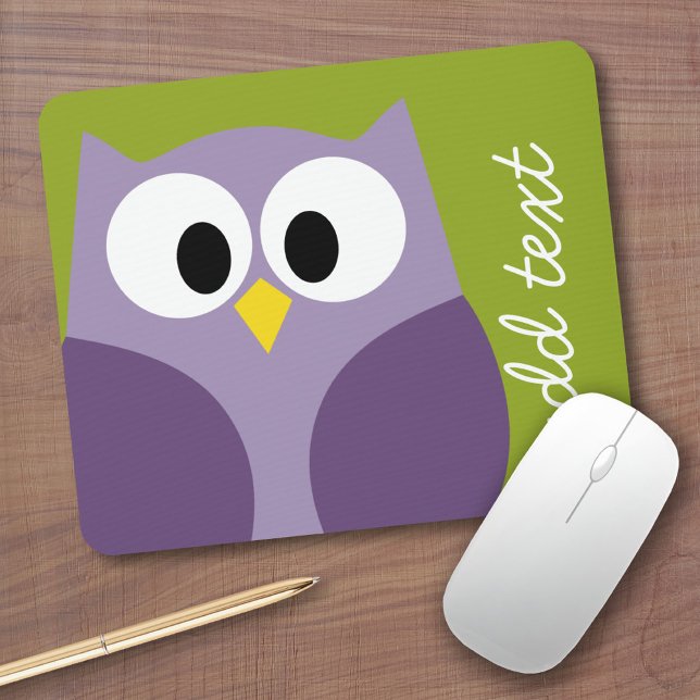 Cute Cartoon Owl Purple and Pistachio Custom Name Mouse Mat (Personalized mousepad - Add Photos and Custom Text)