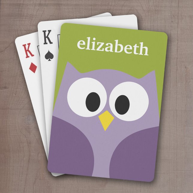 Cute Cartoon Owl Purple and Pistachio Custom Name Playing Cards (Cute Personalized playing cards with a cartoon owl and a monogram or name)