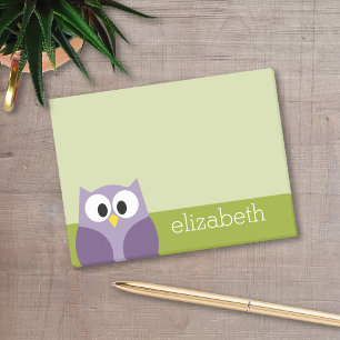 Cute Cartoon Owl Purple and Pistachio Custom Name Post-it Notes