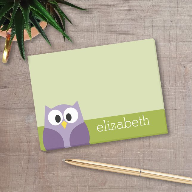 Cute Cartoon Owl Purple and Pistachio Custom Name Post-it Notes (A cute owl cartoon with a place to add your name.)