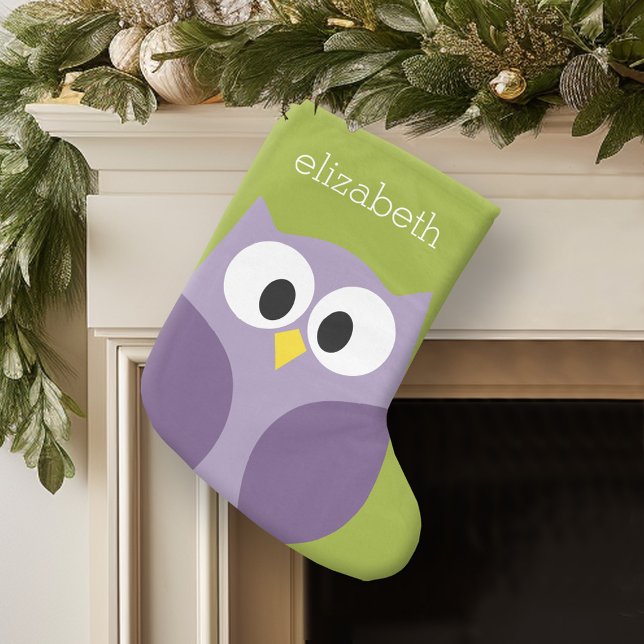 Cute Cartoon Owl Purple and Pistachio Custom Name Small Christmas Stocking (Personalized Christmas Stocking)