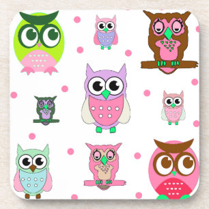 Cute Cartoon Owls and Pink Dots Coaster