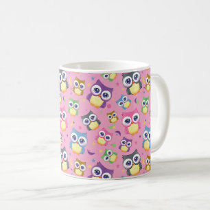 Cute Cartoon Owls Night Sky Moon Stars on Pink Coffee Mug