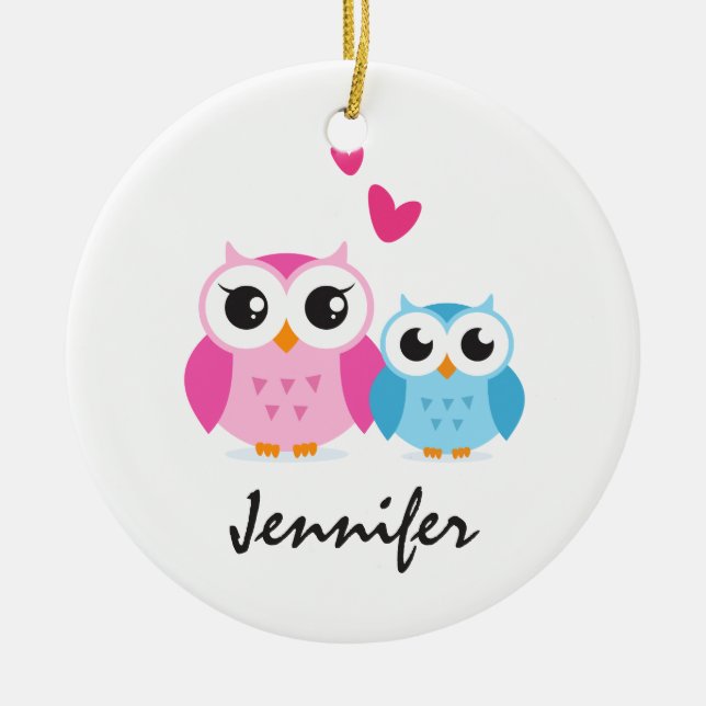 Cute cartoon owls with hearts personalised name ceramic tree decoration (Front)