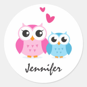 Cute cartoon owls with hearts personalised name classic round sticker