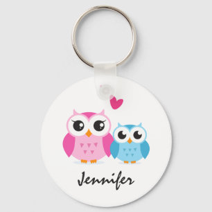 Cute cartoon owls with hearts personalised name key ring