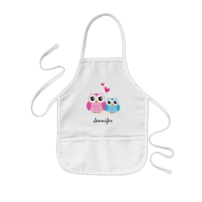 Cute cartoon owls with hearts personalised name kids apron (Front)