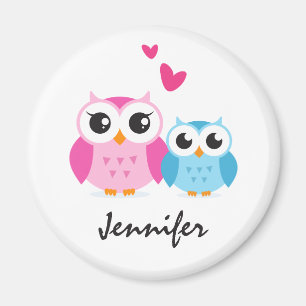 Cute cartoon owls with hearts personalised name magnet