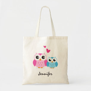 Cute cartoon owls with hearts personalised name tote bag