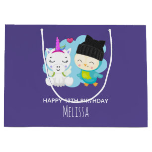 Cute Cartoon Pals -  Happy Unicorn & Bird Birthday Large Gift Bag