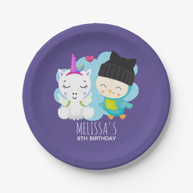 Cute Cartoon Pals -  Happy Unicorn & Bird Birthday Paper Plate (Front)