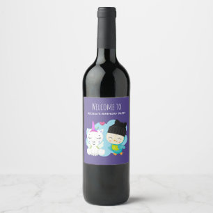 Cute Cartoon Pals -  Happy Unicorn & Bird Birthday Wine Label