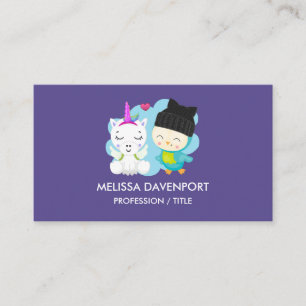 Cute Cartoon Pals - Happy Unicorn & Bird Business Card