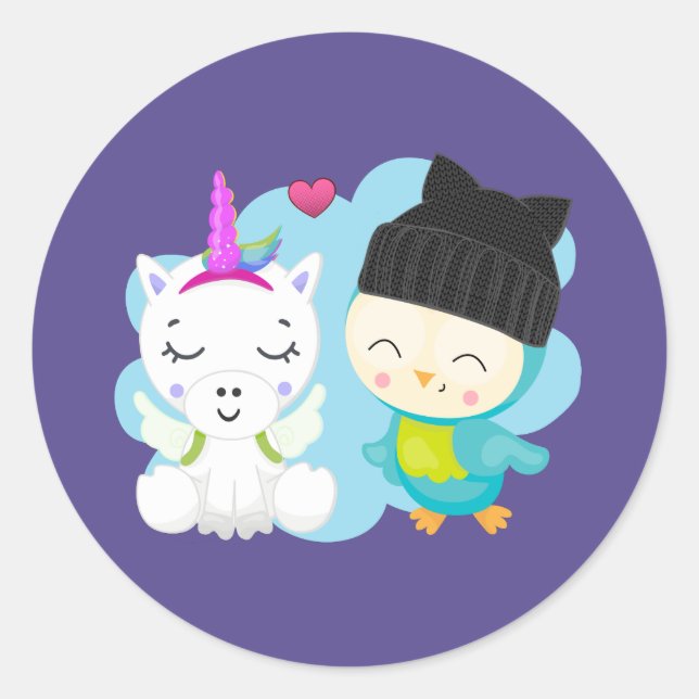 Cute Cartoon Pals -  Happy Unicorn & Bird Classic Round Sticker (Front)